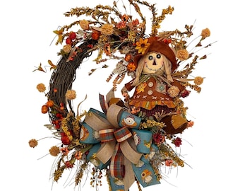 Scarecrow Wreath for Fall Porch Decor, Everyday Wreath for fall front door, Front Porch Wreath for Log Cabin Decor, Unique wreath for fall