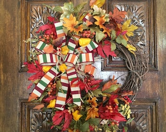 Fall Front Porch Wreath, Everyday wreath for Fall Porch Decor, Unique Wreath for entry way table, Fall leaf wreath for Rustic Mantel