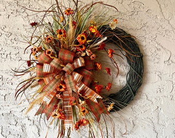 Rustic Fall Front Porch Wreath, Everyday Wreath for fall porch decor, Unique Wreath for Entry Way Table