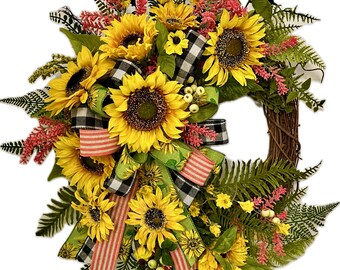 Everyday Wreath with Sunflowers for front door, Year Round Wreath, Summer Porch Decor, Spring flower wreath, Front Porch Wreath