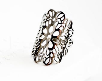 Silver Mandala Ring, Adjustable Stainless Steel Jewelry