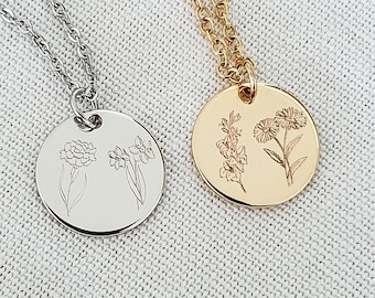 Combined Birth Month Flower, Birth Flower Necklace for Her, Custom Engraved Jewellery, Personalized gift for Her