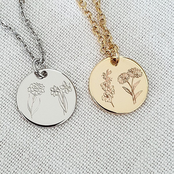 Combined Birth Month Flower, Birth Flower Necklace for Her, Custom Engraved Jewellery, Personalized gift for Her, Christmas Gift
