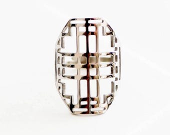 Large Silver Geometric Ring, Adjustable Stainless Steel Jewelry