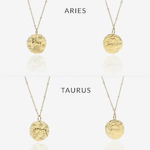 Gold Zodiac Necklace, Birthday Gift, Hammered Coin, Horoscope Necklace, Celestial Jewelry, Dainty Zodiac Jewelry, Layering Necklace image 4