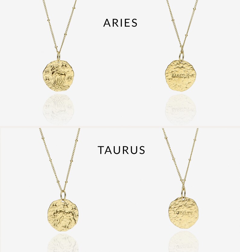 Gold Zodiac Necklace, Birthday Gift, Hammered Coin, Horoscope Necklace, Celestial Jewelry, Dainty Zodiac Jewelry, Layering Necklace image 4