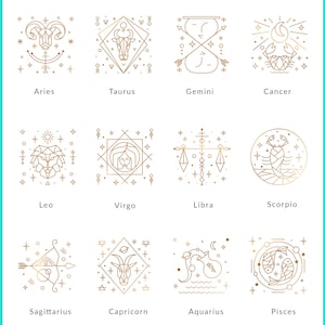 Peut inclure: Une illustration graphique des 12 signes du zodiaque dans un style de contour dor&eacute;. Chaque signe est repr&eacute;sent&eacute; dans une forme g&eacute;om&eacute;trique et entour&eacute; d'&eacute;toiles. Les signes sont&nbsp;: B&eacute;lier, Taureau, G&eacute;meaux, Cancer, Lion, Vierge, Balance, Scorpion, Sagittaire, Capricorne, Verseau et Poissons.