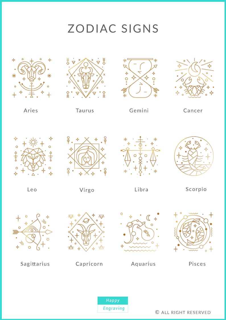 Peut inclure: Une illustration graphique des 12 signes du zodiaque dans un style de contour dor&eacute;. Chaque signe est repr&eacute;sent&eacute; dans une forme g&eacute;om&eacute;trique et entour&eacute; d'&eacute;toiles. Les signes sont&nbsp;: B&eacute;lier, Taureau, G&eacute;meaux, Cancer, Lion, Vierge, Balance, Scorpion, Sagittaire, Capricorne, Verseau et Poissons.