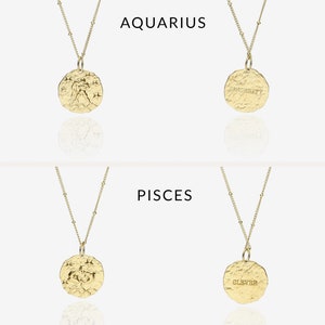 Gold Zodiac Necklace, Birthday Gift, Hammered Coin, Horoscope Necklace, Celestial Jewelry, Dainty Zodiac Jewelry, Layering Necklace image 3