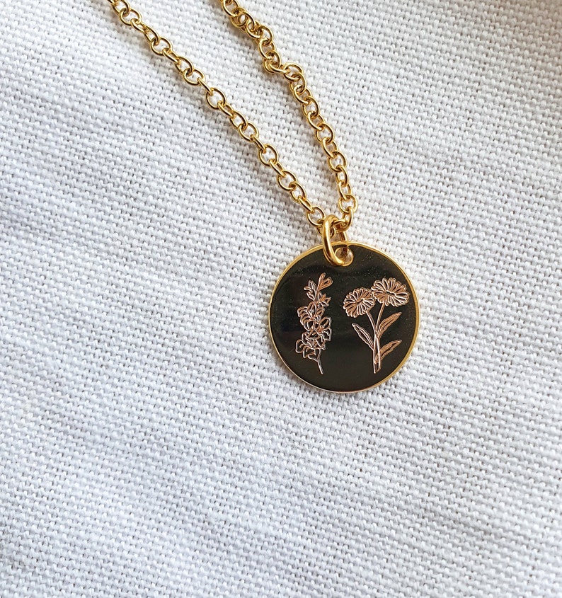 Combined Birth Month Flower, Birth Flower Necklace for Her, Custom Engraved Jewellery, Personalized gift for Her image 4