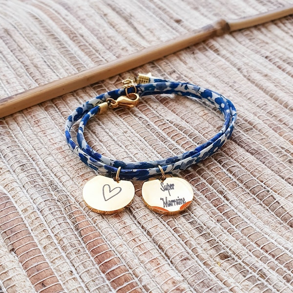 Bracelet Liberty bleu Personnalisé Cordon 100% Coton, Bijou femme, Bracelet Femme, BFF, Cadeau Maman, Bracelet Mère-Fille, Cadeau Noël