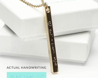 Engraved Actual Handwriting Necklace, Personalized 3D Necklace, Name Bar Necklace, Custom Signature Jewelry, Personalized Gift for Her