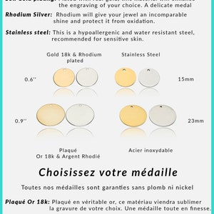 May include: Choose your medal.  All medals are guaranteed lead and nickel free.  Choose from 18k gold plating, rhodium silver, or stainless steel.  Medals are available in two sizes: 0.6 inches and 0.9 inches.  The image shows the different medal options in gold, silver, and stainless steel.