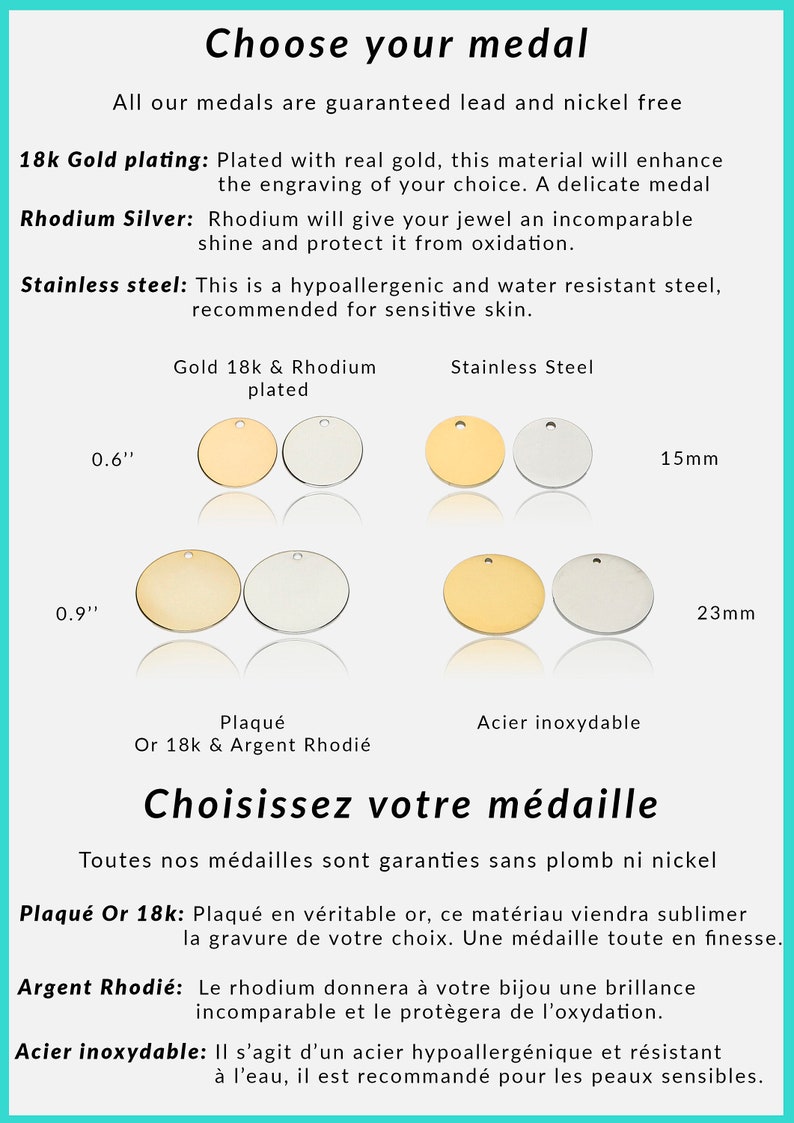 May include: Choose your medal.  All medals are guaranteed lead and nickel free.  Choose from 18k gold plating, rhodium silver, or stainless steel.  Medals are available in two sizes: 0.6 inches and 0.9 inches.  The image shows the different medal options in gold, silver, and stainless steel.