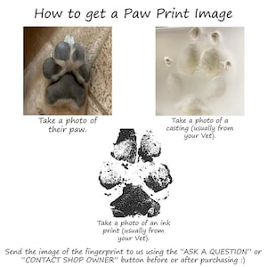 May include: How to get a paw print image for a custom pet portrait. Three images show different ways to capture a paw print: a photo of a paw, a photo of a paw print casting, and a photo of an ink print. The text says to send the image to the shop owner using the "Ask a Question" or "Contact Shop Owner" button before or after purchasing.