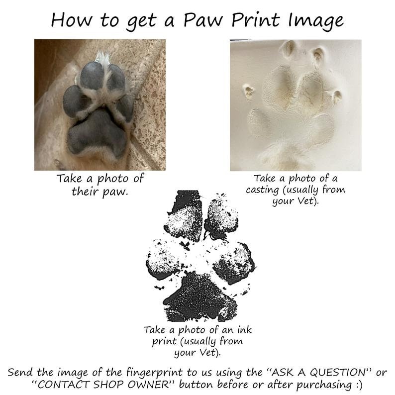May include: How to get a paw print image for a custom pet portrait. Three images show different ways to capture a paw print: a photo of a paw, a photo of a paw print casting, and a photo of an ink print. The text says to send the image to the shop owner using the "Ask a Question" or "Contact Shop Owner" button before or after purchasing.