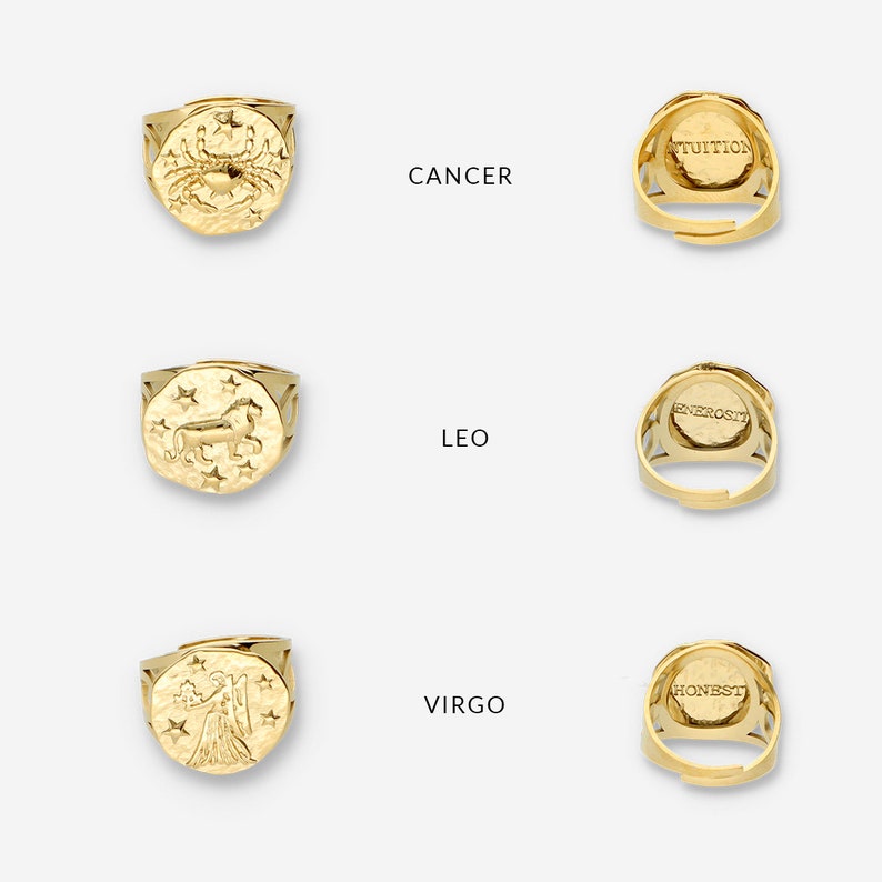Personalized Gold Zodiac Ring, Engraved Astro Ring, Hammered Coin ...