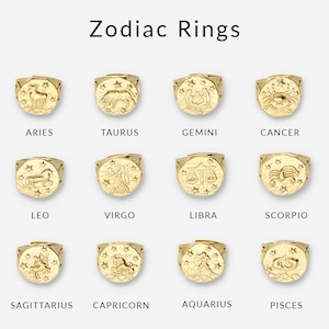 Spersonalizowany złoty pierścionek zodiaku, grawerowany pierścień astro, młotkowana moneta, pierścionek z horoskopem, niebiańska biżuteria, delikatna biżuteria zodiaku, prezent urodzinowy