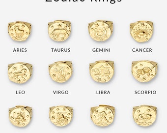 Personalized Gold Zodiac Ring, Engraved Astro Ring, Hammered Coin, Horoscope Ring, Celestial Jewelry, Dainty Zodiac Jewelry, Birthday Gift