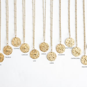 Gold Zodiac Necklace, Birthday Gift, Hammered Coin, Horoscope Necklace, Celestial Jewelry, Dainty Zodiac Jewelry, Layering Necklace image 1