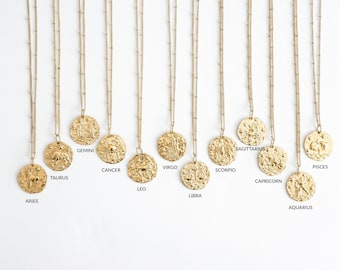 Collier Zodiaque en or, Cadeau d'anniversaire, Pièce martelée, Collier Horoscope, Bijou Céleste, Bijou Zodiaque Délicat, Collier à superposer