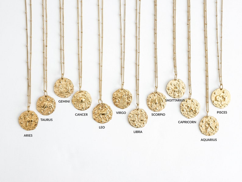 Gold Zodiac Necklace, Birthday Gift, Hammered Coin, Horoscope Necklace, Celestial Jewelry, Dainty Zodiac Jewelry, Layering Necklace image 1