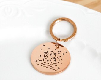 Personalized Zodiac Keyring, Star Sign Keychain with Custom Message, Astrology Themed Birthday Gift