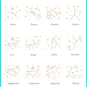 Peut inclure: Un tableau des 12 constellations du zodiaque, chacune repr&eacute;sent&eacute;e par un dessin au trait de la constellation et une dispersion d'&eacute;toiles dor&eacute;es. Les constellations sont &eacute;tiquet&eacute;es avec leurs noms : B&eacute;lier, Taureau, G&eacute;meaux, Cancer, Lion, Vierge, Balance, Scorpion, Sagittaire, Capricorne, Verseau et Poissons.