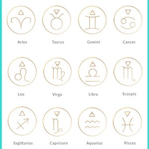 Peut inclure: Un tableau des glyphes du zodiaque, avec chaque symbole dans un cercle dor&eacute; sur fond blanc. Les symboles sont pour le B&eacute;lier, le Taureau, les G&eacute;meaux, le Cancer, le Lion, la Vierge, la Balance, le Scorpion, le Sagittaire, le Capricorne, le Verseau et les Poissons.