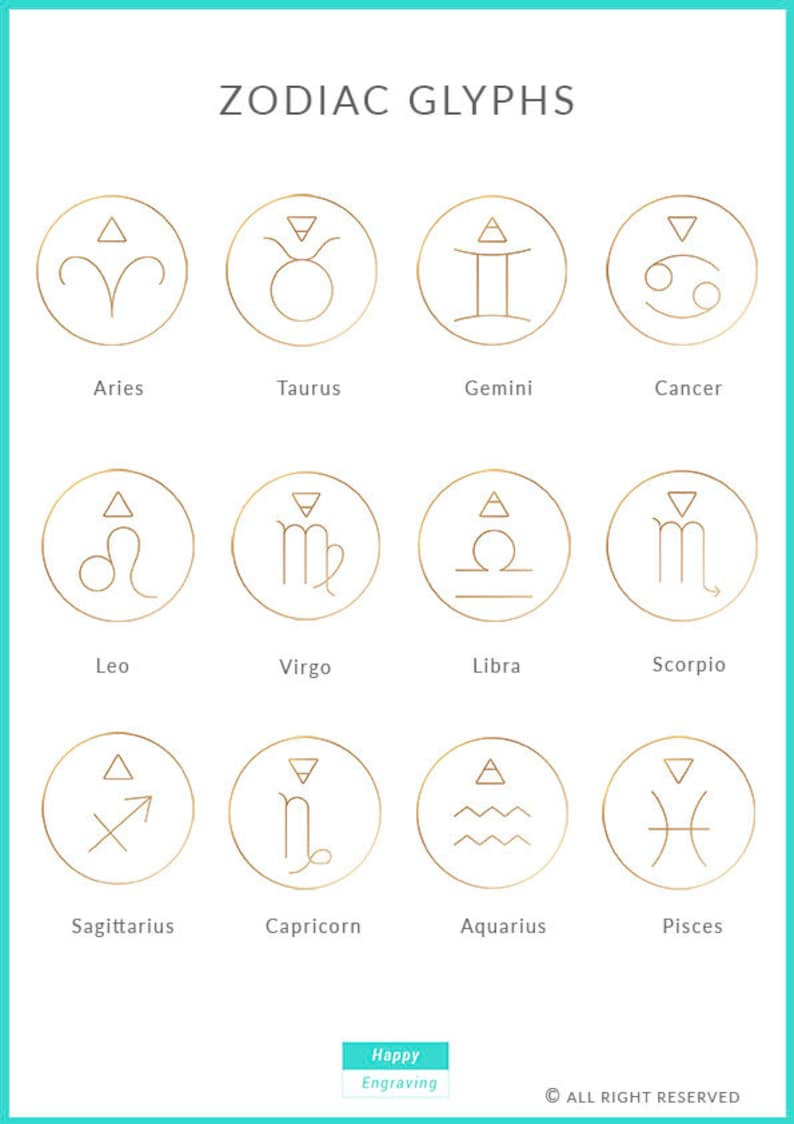 Peut inclure: Un tableau des glyphes du zodiaque, avec chaque symbole dans un cercle dor&eacute; sur fond blanc. Les symboles sont pour le B&eacute;lier, le Taureau, les G&eacute;meaux, le Cancer, le Lion, la Vierge, la Balance, le Scorpion, le Sagittaire, le Capricorne, le Verseau et les Poissons.