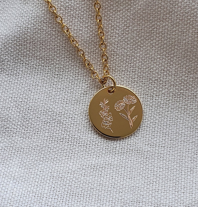 Combined Birth Month Flower, Birth Flower Necklace for Her, Custom Engraved Jewellery, Personalized gift for Her image 3