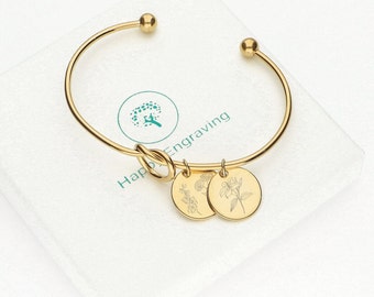 Combined Birth Month Flower Bracelet, Love Knot Bangle Bracelet, Custom Jewelry, Mom Children Birthday Gift, Personalized Gift For Her