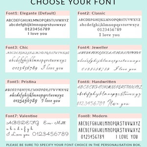 May include: A graphic showing eight different font styles with the text "ABCDEFGHIJKLMNOPQRSTUVWXYZabcdefghijklmnopqrstuvwxyz0123456789 I love you" in each font. The fonts are labeled "Elegante (Default)", "Classic", "Chic", "Jeweller", "Pristina", "Handwritten", "Valentine", and "Modern".
