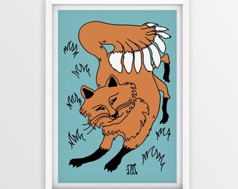 Könnte beinhalten: Eine skurrile Illustration eines Fuchses mit einem großen, gefiederten Schwanz. Der Fuchs ist orange mit schwarzen Umrissen und weißen Federn. Der Hintergrund ist hellblau mit schwarzen, geschwungenen Linien.