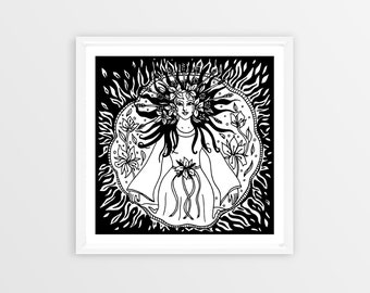 May include: Black and white line art illustration of a woman with a crown of flowers and leaves. She is wearing a long dress and standing in a circle of flames.