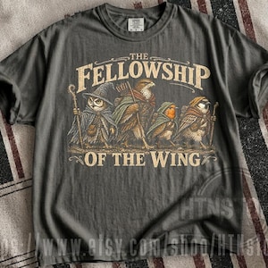 Puede incluir: Una camiseta gris carbón con un estampado gráfico de cuatro aves vestidas como aventureros de fantasía. El texto dice THE FELLOWSHIP OF THE WING. Las aves incluyen un búho con sombrero de mago, un halcón con bastón, un petirrojo y un gorrión.