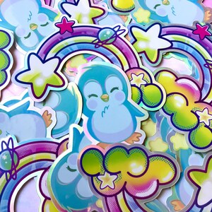 2 pcs Holo Sticker Pack | Glossy Holographic Vinyl Decal Stickers, Penguin, Rainbow, Stars, Planet, Cute Birds