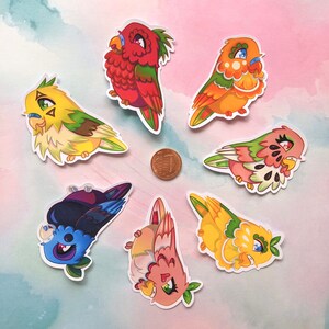 7 pcs Berrykeet Sticker Pack | Autocollants de décalques brillants de 2x2,5 po, oiseaux de fruits, budgies, oiseaux mignons