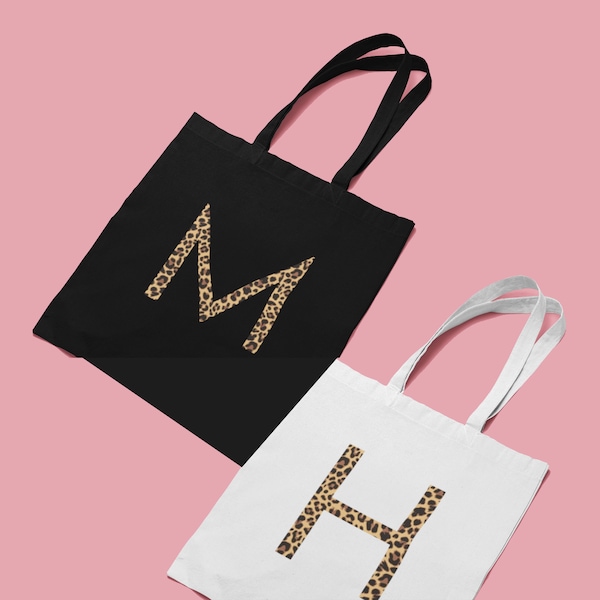 Leopard customised letter tote bag - 100% cotton - shopping bag - add you initial - available in black or white - customised gift ideas