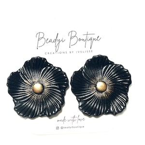Handmade Black Flower Stud Earrings: Gold Highlight Floral Jewelry