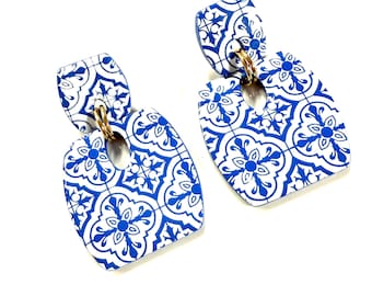 Santorini Tile Dangle Earrings: Blue & White Polymer Clay, Mediterranean Jewelry