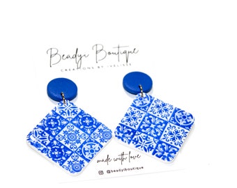 Handmade Santorini Tile Earrings: Blue White Polymer Clay Dangles