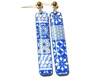 Blue and White Tile Earrings: Handmade Polymer Clay Dangle Earrings