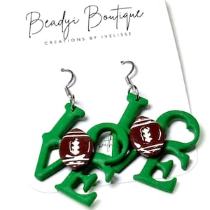Handmade Green LOVE Football Earrings: Sports Fan Gift, Philadelphia Eagles Inspired Earrings
