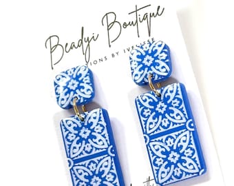 Santorini Blue Tile Earrings: Handmade Polymer Clay Dangle Earrings