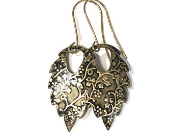 Black Patinated Brass Leaf Earrings: Boho Dangle Jewelry