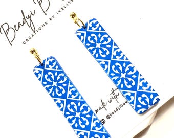Santorini Tile Dangle Earrings: Blue and White Polymer Clay Earrings