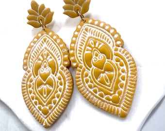 Handmade Mustard Earrings: Embossed Boho Dangle Jewelry, Big and Bold Earrings