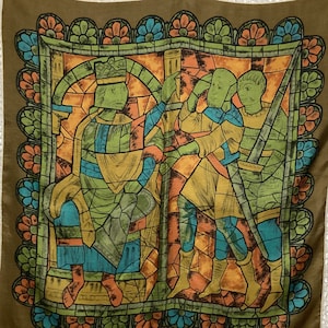 Vintage Silk Scarf Stained Glass Panel Monarchy Life Scene