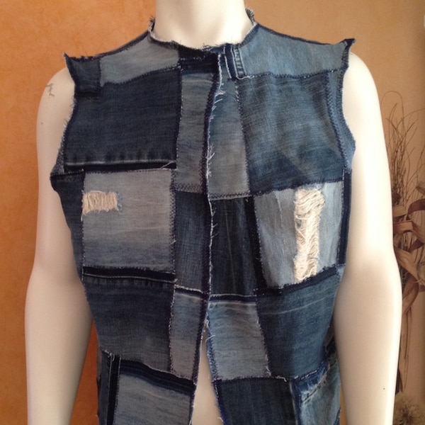 Patchwork Jeans Denim Veste Gilet Asymétrique